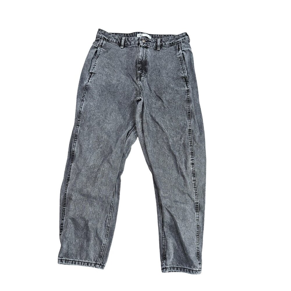 Zara Relaxed Tapered Jeans Womens 10‎ Gray Charcoal Wash High Rise Cotton Denim